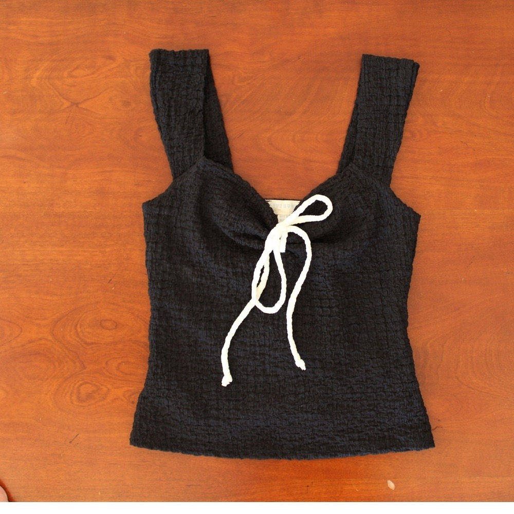 See You Monday Black Popcorn Textured Tank Top White Rope Tie Sweetheart L Large